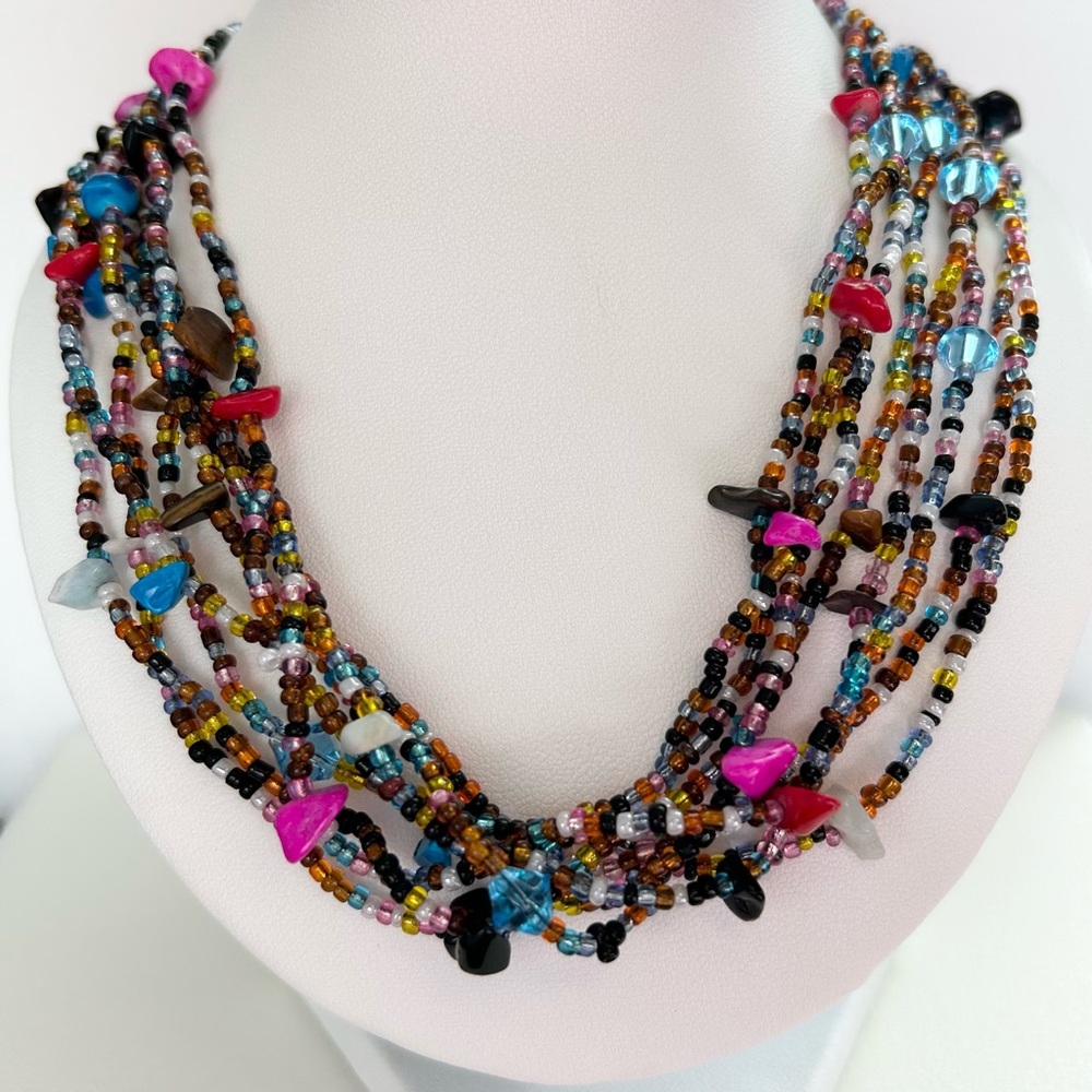 Vintage Seed Bead Necklace 8 Strands 20” With Gemstone Chips And Nuggets